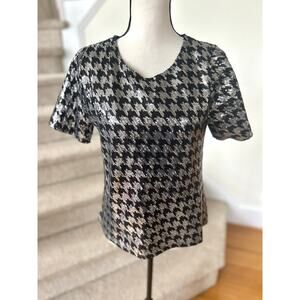 Lili Sidonio Anthropologie Black & Silver Sequin Houndstooth Short Sleeve Blouse